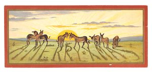 Eine viktorianische Weihnachtskarte mit einem Sonnenuntergang und Eseln, die 