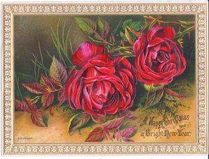 Viktorianische Weihnachts- und Neujahrskarte mit zwei großen roten Rosen, ca. 1880