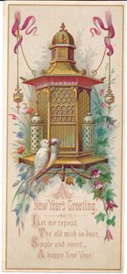 Eine viktorianische Weihnachtskarte mit einem aufwendigen Vogelkäfig und einem Liebespaar, um 1880