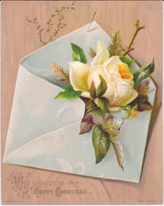 Eine viktorianische Weihnachtskarte, die einen Umschlag mit einer herausragenden Rose darstellt, ca. 1880