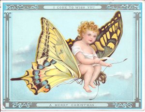 Viktorianische Weihnachtskarte mit einem Kind, das auf einem Schmetterling fliegt, ca. 1920