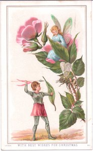 Eine viktorianische Weihnachtskarte mit einer Fee, die auf einer Rose sitzt, und einer anderen Fee, die einen Speer auf eine Wespe wirft, ca. 1880