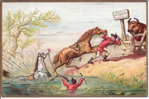 Viktorianische Weihnachtskarte eines Pferdes, das im Wasser zappelt, während das andere von seinem Reiter an Land gezogen wird, um 1880 (Farblitho)