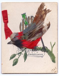 Eine viktorianische Weihnachtskarte eines Rotkehlchens aus Federn
