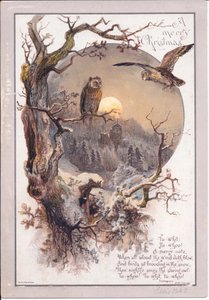 Viktorianische Weihnachtskarte mit einer Eule auf einem Ast bei Mondschein, ca. 1880