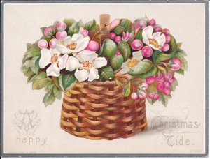 Viktorianische Weihnachtskarte mit Blumen und Blättern in einem Weidenkorb, ca. 1880