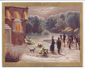 Eine viktorianische Weihnachtskarte mit Schlittschuhläufern mit Fackeln auf einem zugefrorenen See vor einem Herrenhaus mit Zuschauern und einem Hund, ca. 1880