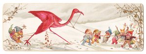 Eine viktorianische Weihnachtskarte, die eine bösartige Gruppe von Elfen zeigt, die einen gefangenen Flamingo im Schnee wegführen, ca. 1880