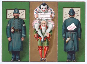 Eine viktorianische Weihnachtskarte mit einem Narr, Clown und Polizist, ca. 1880