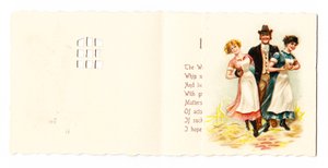 Eine viktorianische Grußkarte eines Gentlemans mit zwei Dienstmädchen, ca. 1880 von English School