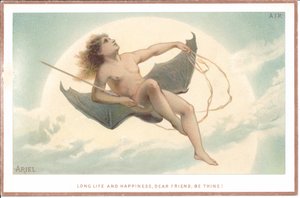 Eine viktorianische Karte eines nackten Mannes, der eine Rute hält und auf einem Paar riesiger Fledermausflügel durch die Wolken fliegt, ca. 1880