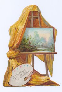 Eine viktorianische Stanzkarte eines Gemäldes auf einer Staffelei mit einem Tuch darauf, um 1880 von English School