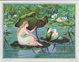 Viktorianische Grußkarte mit einer Fee, die auf einem Bach auf einem Lotusblatt segelt, mit einem Lotusblatt als Baldachin, ca. 1880
