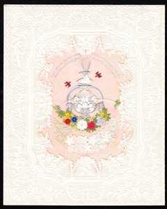 Eine viktorianische Spitzen-Valentinskarte mit einem Brunnen und Blumen, um 1870