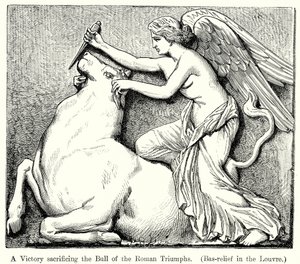 Eine Siegesgöttin opfert den Stier der römischen Triumphe (Basrelief im Louvre) (Gravur) von English School