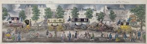 Ansicht der Boulevards von Paris mit den neuen Kutschen, 1828 (Farbstich)