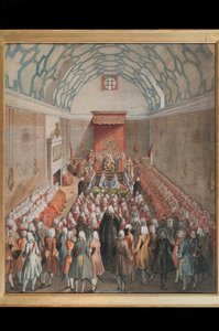 Ansicht des House of Lords, graviert von Benjamin Cole, ca. 1755 (handkolorierte Gravur)