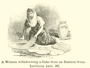 Eine Frau zieht einen Kuchen aus einem östlichen Ofen von English School