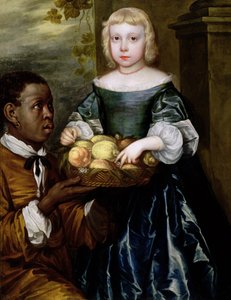 Ein junges Mädchen, dem ein Diener einen Korb mit Früchten anbietet, ca. 1650 von English School
