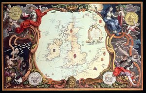 Eine Karte, die die verschiedenen Orte der Aktionen zwischen den englischen und spanischen Flotten zeigt, mit den Orten, an denen mehrere spanische Schiffe auf ihrer Rückkehr nach Spanien zerstört wurden, veröffentlicht 1739, von John Pine von English School
