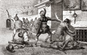 Ein Kampf zwischen Gladiatoren im antiken Rom, aus Ward und Locks Illustrierter Geschichte der Welt, veröffentlicht um 1882