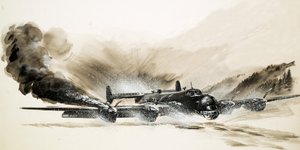 Ein beschädigter Halifax-Bomber landet auf dem Eis