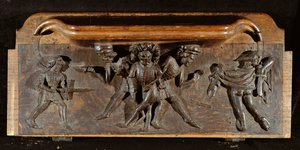 Eine beschädigte Miserikordie, die drei Männer zeigt, die mit Dolchen und Schwertern kämpfen, New College Chapel, Oxford, spätes 14. Jahrhundert