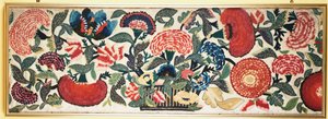 Ein Filz- und Applikationspaneel mit gestickten Seidenakzenten, das Nelken, Tulpen und andere Blumen zeigt, die aus einem Korb auf einem elfenbeinfarbenen Wollgrund überfließen, ca. 1730-40 von English School