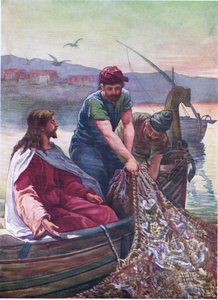Der große Fischfang, aus dem Bibelbilderbuch, veröffentlicht von Thomas Nelson, ca. 1950 von English School