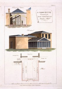 Ein Gewächshaus mit gotischen Details, angebaut an ein neoklassizistisches Haus für Richard Dickinson Esq in Hendon, Middlesex, 1806 von English School