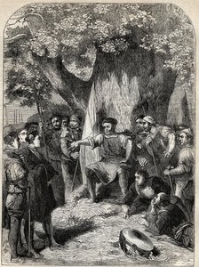 Eine Gruppe von Andersdenkenden in Norfolk während der Rebellion von Robert Kett im Jahr 1549 - Revolte in Norfolk, England während der Herrschaft von Edward VI - Ket der Gerber (1492-1549) hält eine Rede unter der Eiche der Reformation - Gravur aus „Gesch von English School