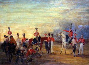 Eine Gruppe von berittenen und abgestiegenen Offizieren und Männern der Yorkshire Yeomanry in verschiedenen Uniformen, ca. 1820 von English School