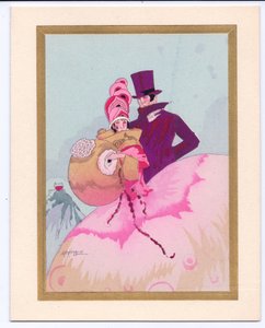Handkolorierte französische Pochoir-Weihnachtskarte einer Regency-Dame mit Muff, begleitet von einem Herrn im Zylinder, um 1920 von English School