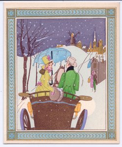 Eine handkolorierte französische Pochoir-Weihnachtskarte eines Rencecy-Paares in einer offenen Kutsche, die durch den Schnee fährt, ca. 1920