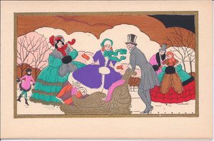 Eine handkolorierte französische Pochoir-Weihnachtskarte von viktorianischen Eisläufern mit einem Schlitten, um 1920 von English School