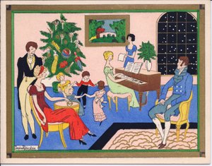 Eine handkolorierte französische Pochoir-Weihnachtskarte mit einer Weihnachtsfeier einer Regency-Familie, mit Tanz und musikalischer Unterhaltung, ca. 1920