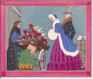 Eine handkolorierte französische Pochoir-Weihnachtskarte einer viktorianischen Blumenverkäuferin, die ihren Rosenkarren Passanten zeigt, ca. 1920