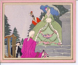 Eine handkolorierte französische Pochoir-Weihnachtskarte eines gepuderten Mannes, der aus einem Sänftestuhl aussteigt und von einer Dame in einem Hermelinpelzmantel mit ihrem schwarzen Diener empfangen wird, circa 1920 von English School