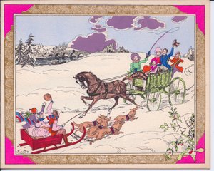 Handkolorierte französische Pochoir-Weihnachtskarte eines Schlittens mit Kindern, der von Hunden gezogen wird, und eines Pferdewagens, der über eine schneebedeckte Landschaft fährt, ca. 1920