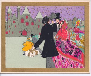 Eine handkolorierte französische Pochoir-Weihnachtskarte von Gästen, die zu einer Party zu einem Schloss gehen, ca. 1920 von English School