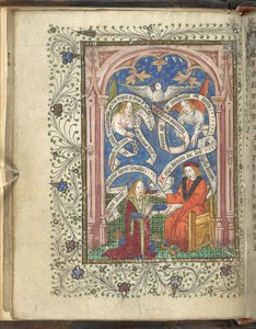 Ein kniender Schüler, möglicherweise der Autor, Norton, der ein Buch von seinem Meister erhält, mit Engeln, Schriftrollen und einer Taube darüber. Ordinal der Alchemie. Thomas Norton, 4. Viertel des 15. Jahrhunderts
