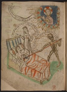 Ein Mann auf seinem Sterbebett, aus einer Kartäuser-Miscellany von Gedichten, Chroniken und Abhandlungen in Nordenglisch, einschließlich einer Zusammenfassung von Mandevilles Reisen, Add MS 37049 f.38v