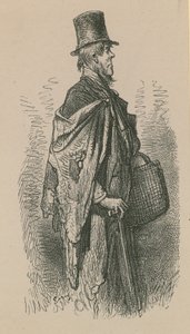 Ein Mann mit Zylinder und Schal, der einen Korb trägt von English School