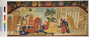 Ein fein gearbeiteter Nadelarbeit-Sofasitz, der die Anbetung der Könige darstellt, ca. 1730