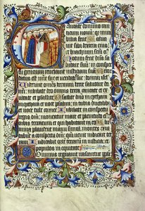 Eine Seite aus einem Psalter auf Latein mit einer Initiale, die eine Gruppe von Mönchen vor einem Lesepult zeigt, ca. 1455