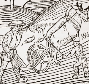 Ein Paar Ochsen vor einem Pflug, Titelseite aus John Fitzherberts Boke of Husbandry, erstmals veröffentlicht 1523 von English School