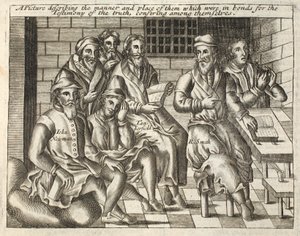 Ein Bild, das die Art und den Ort derjenigen beschreibt, die wegen des Zeugnisses der Wahrheit in Fesseln waren und untereinander konferierten, Illustration aus Acts and Monuments von John Foxe, neunte Ausgabe, veröffentlicht 1684 von English School