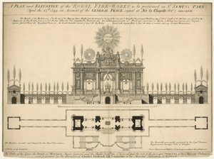 Ein Plan und eine Ansicht des königlichen Feuerwerks, das am 27. April 1749 im St James