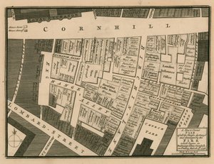 Ein Plan der durch das Feuer zerstörten Häuser, das am 25. März 1748 in Exchange Alley, Cornhill, London, begann von English School
