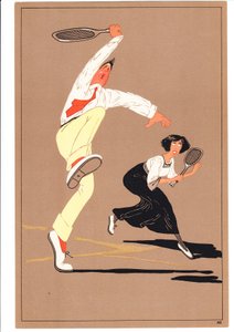 Ein Druck von zwei Tennisspielern in komischen und humorvollen Posen, ca. 1920 von English School